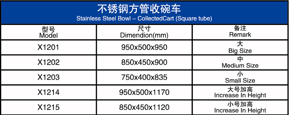 不锈钢方管收碗车